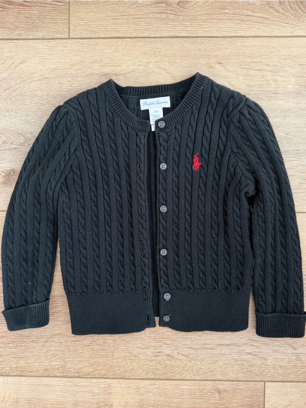 Polo by Ralph Lauren Black Cable-Knit Button Cardigan with Red Pony